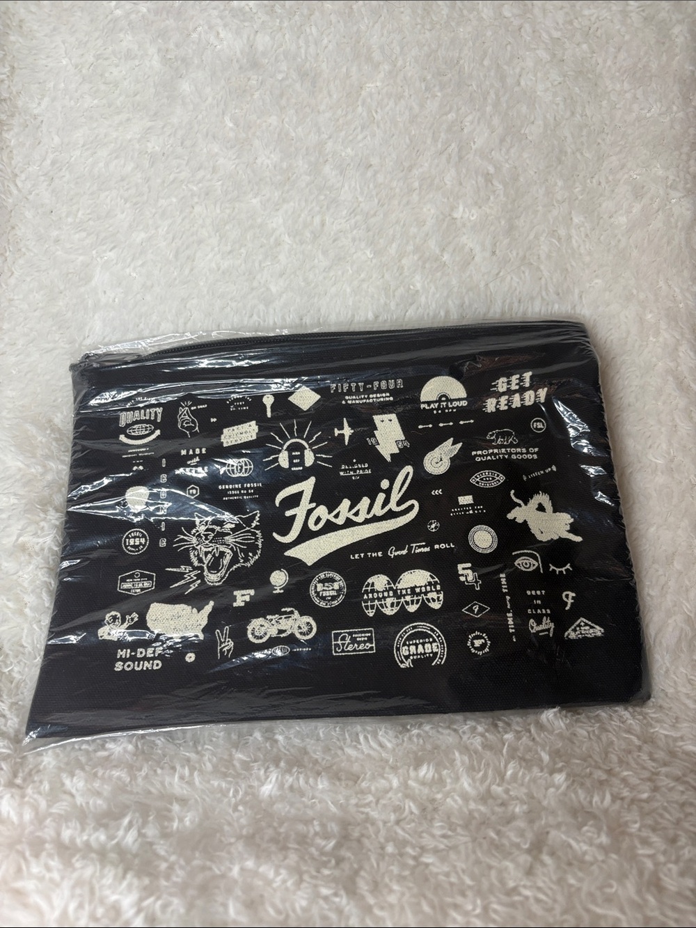 Fossil VintageGraphic Zipper Pouch Black Canvas Cosmetic Utility Bag New